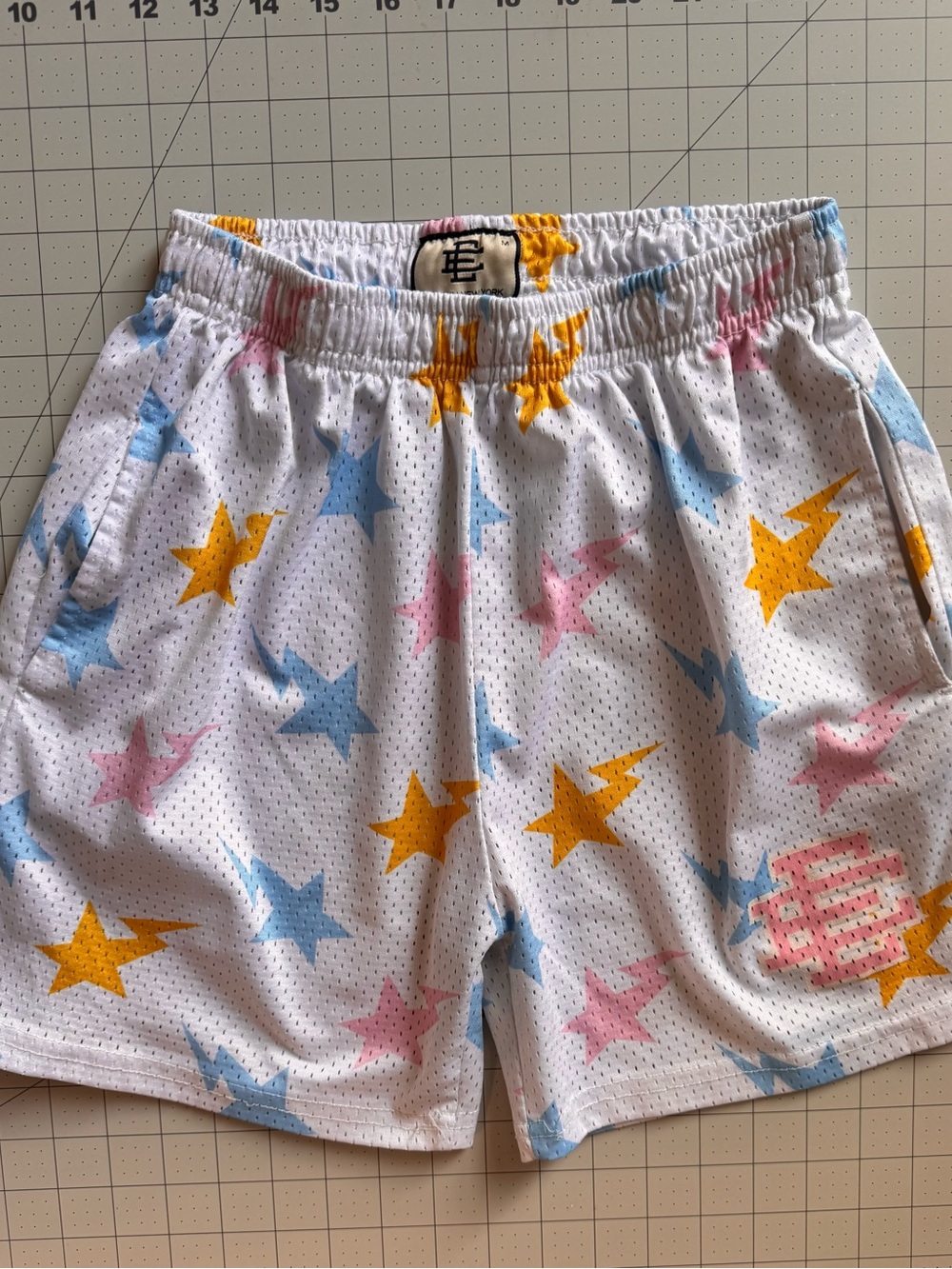 Eric Emanuel White Mesh Shorts with Yellow, Blue & Pink Stars